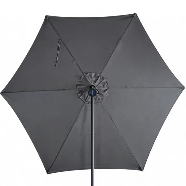 10FT Round Banana Hanging Patio Umbrella with 18 LED Lights, 6 Iron Ribs, Iron Straight & Curved Pole, Waterproof Polyester Canopy, with Stand Sleeve and Cross Base, Gray view 5