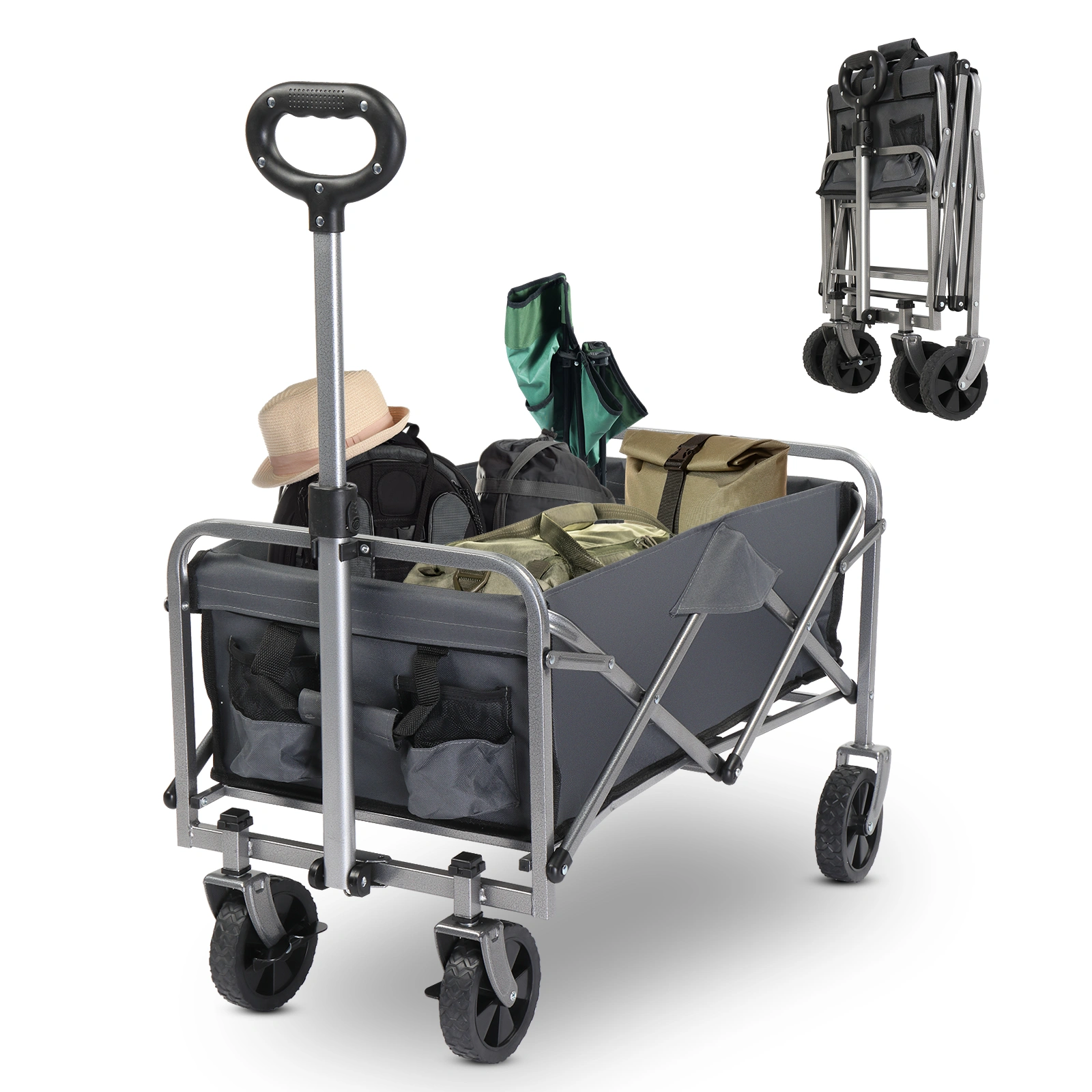 Heavy Duty Garden Folding Cart 74.5x45.5x84cm 100kg, 600D Oxford Cloth Steel Frame, Flat Fold, Grey Fabric Silver Frame