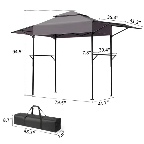 3.3x12.5FT Double Top Grill Gazebo, Dark Gray Polyester BBQ Canopy with Adjustable Side Sunshades, Black Powder Coated Folding Frame, Mesh Trays & Carry Bag view 4