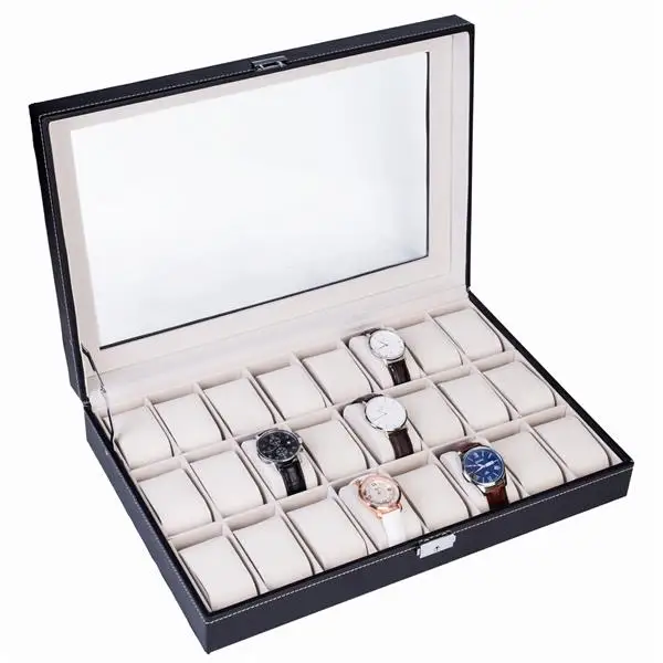 24 Compartments Top-level Opening Style Leather Watch Collection Box Black view 5