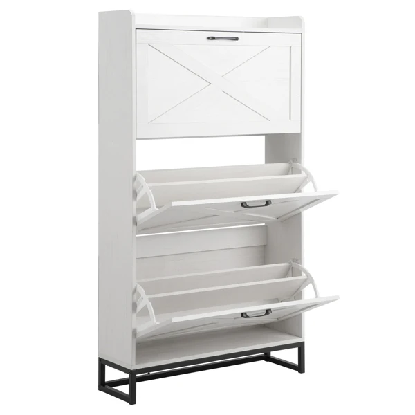 Barn door three-drawer cabinet with top panel; shoe cabinet; particleboard; 80*24*145cm; distressed white view 3