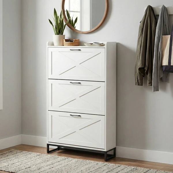 Barn door three-drawer cabinet with top panel; shoe cabinet; particleboard; 80*24*145cm; distressed white view 5
