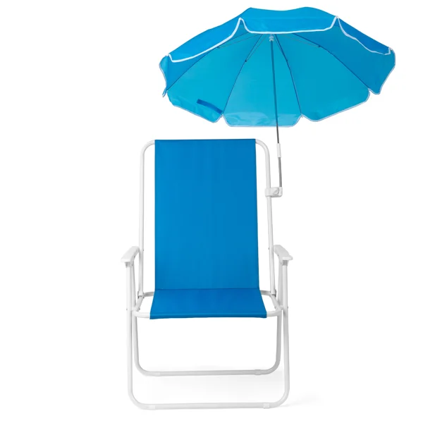 1 Pack Heavy Duty Steel Beach Chair with Umbrella, XL Size 15" Seat Height Royal Blue, Oxford Cloth with Support Bar, Single Position Adjustable, 120kg Load view 3