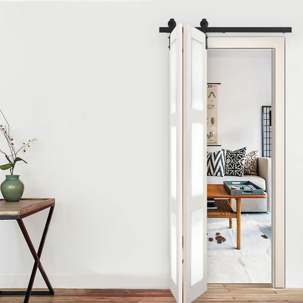 40" Bi-Folding Sliding Barn Door Hardware Kit for 2 Doors,Smoothly&Quietly,Black Track J Shape Roller-[Doors not Included] view 2