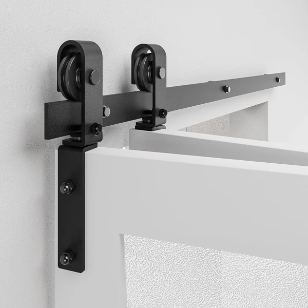 40" Bi-Folding Sliding Barn Door Hardware Kit for 2 Doors,Smoothly&Quietly,Black Track J Shape Roller-[Doors not Included] view 4