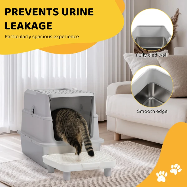 Stainless Steel Cat Litter Box, Covered Extra Large Cat Litter Box Enclosure, Metal Kitty Litter Boxes with Lid, Litter Scoop, and Filter Pedal, Anti-Leakage, Non-Stick, Easy to Clean view 6