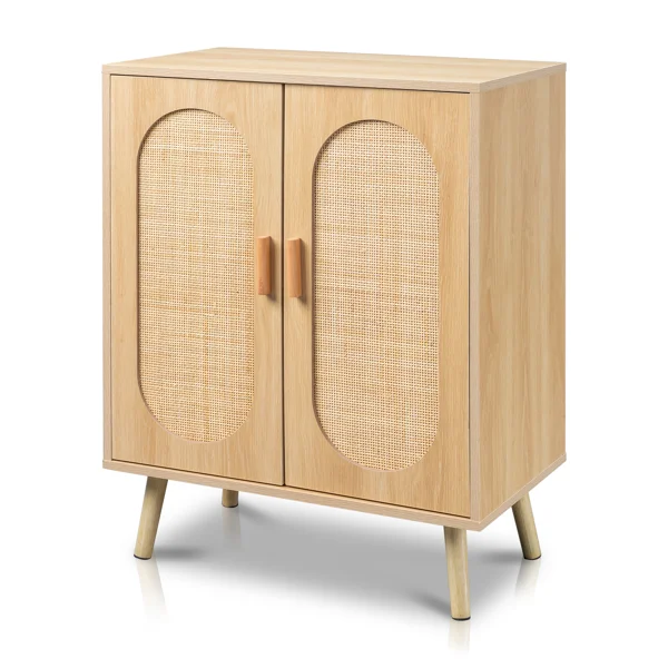 Modern Rattan Shoe Storage Cabinet with Double Doors and Adjustable Shelves, Accent Cabinet for Living Room, Bedroom, Hallway view 5