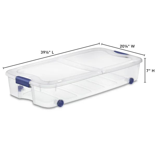 (2 pack)66 Quart Latching Underbed Wheeled Storage Bin, Clear Plastic Storage Container with Latch Lid, Blue view 2