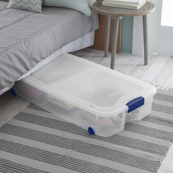 (2 pack)66 Quart Latching Underbed Wheeled Storage Bin, Clear Plastic Storage Container with Latch Lid, Blue view 6