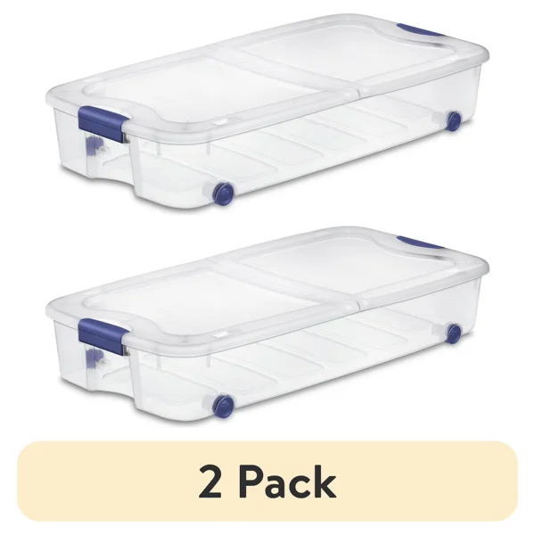 (2 pack)66 Quart Latching Underbed Wheeled Storage Bin, Clear Plastic Storage Container with Latch Lid, Blue