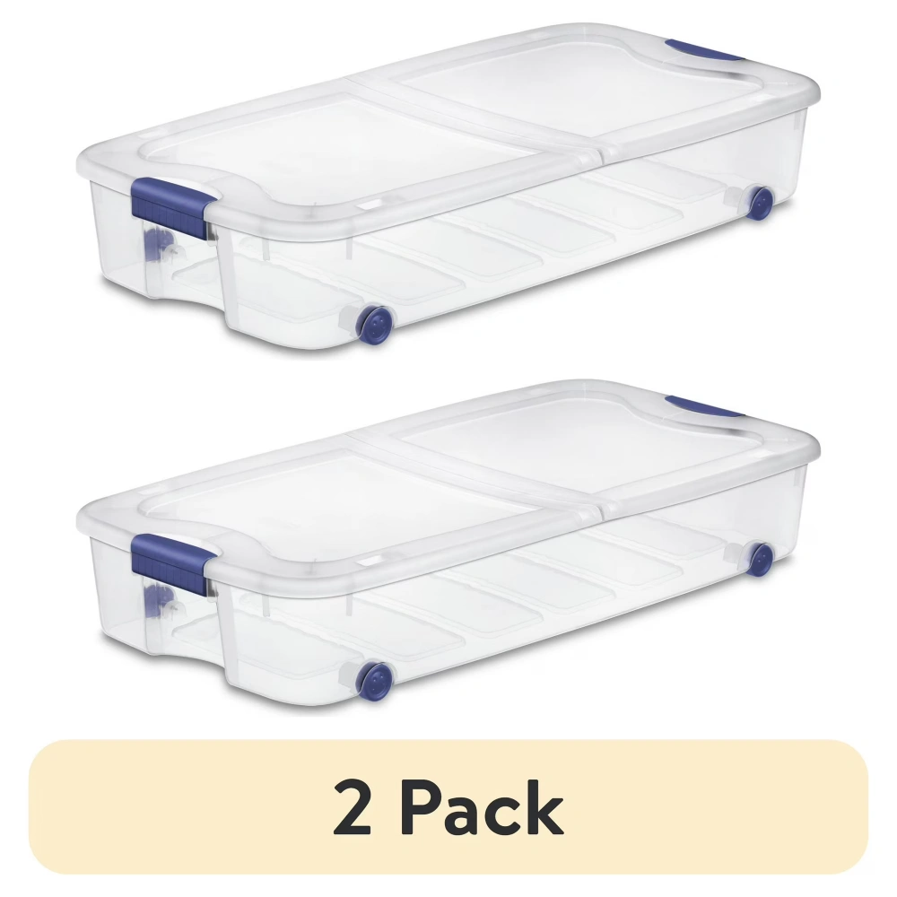 2 Pack 66 Quart Underbed Storage Bins Wheeled Clear Plastic Containers w/ Latch Lid Blue