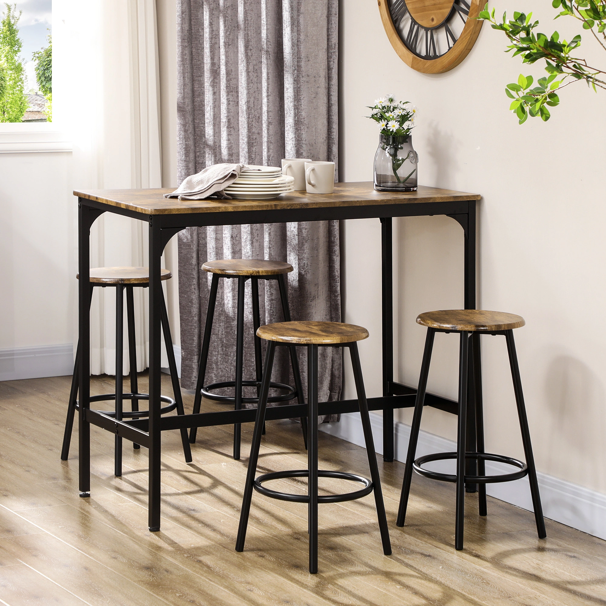 Industrial Pub Table and Chairs 3 Piece Set, 30" High Top Counter Height Table with 2 Stools, Metal Frame, Compact Dining Table for Kitchen Cafe Bar