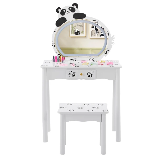 Black and white panda MDF painted finish, solid wood legs, 1-drawer children's dressing table set, LED three-color backlit touch switch view 2