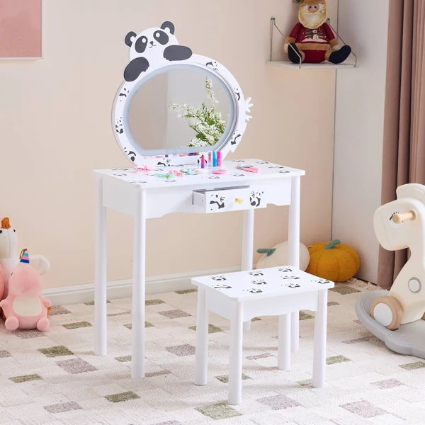 Black and white panda MDF painted finish, solid wood legs, 1-drawer children's dressing table set, LED three-color backlit touch switch view 4