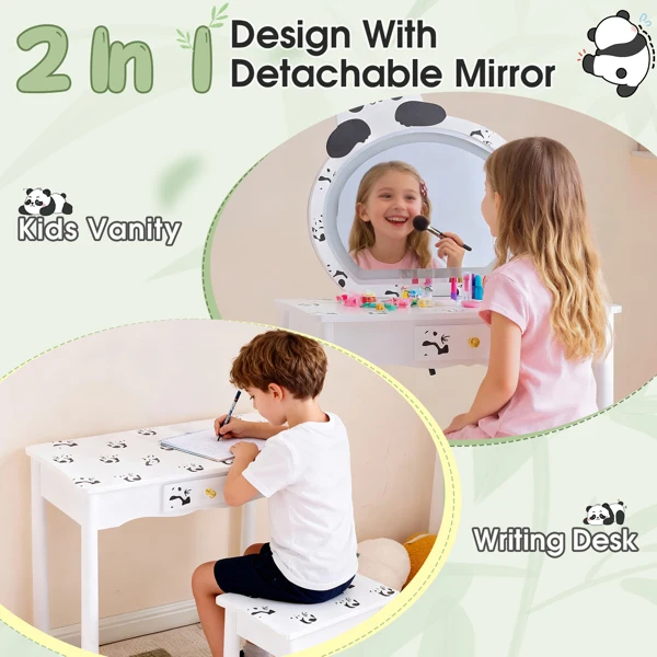 Black and white panda MDF painted finish, solid wood legs, 1-drawer children's dressing table set, LED three-color backlit touch switch view 5