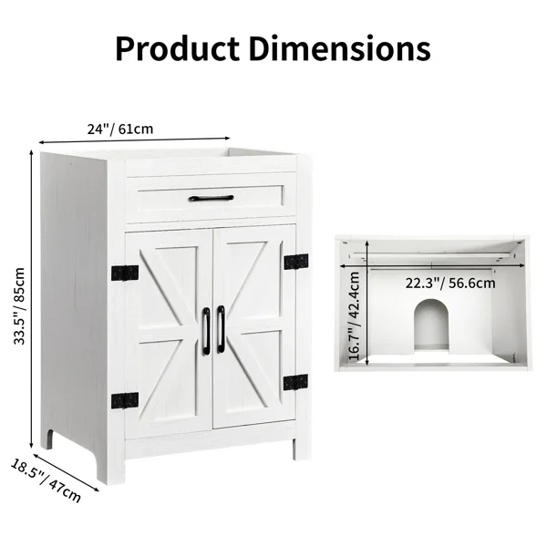 Washed white particleboard with melamine veneer, barn double door with U-shaped internal shelves, washbasin cabinet, 61*47*85cm (24 inches) view 6