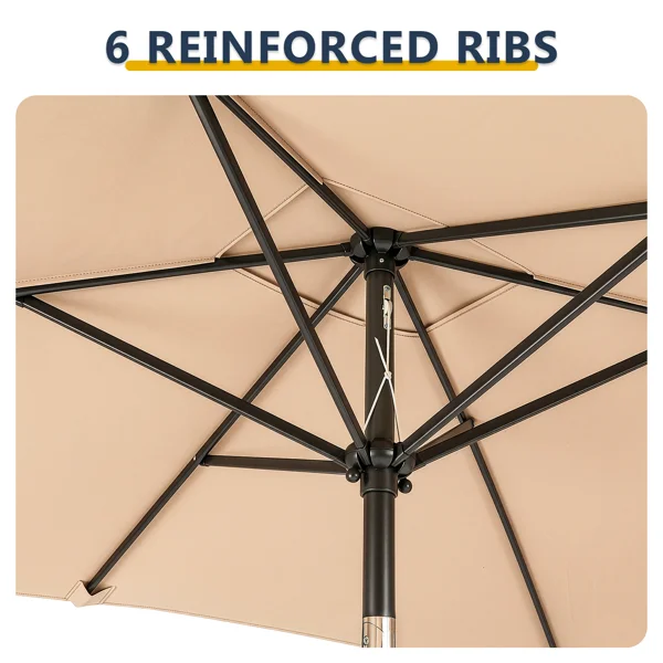 10 x 6.5 FT Square Patio Umbrella, Tilting Outdoor Market Umbrella with 6 Iron Ribs & Iron Pole, Polyester Fabric Yard Sun Shade Umbrella Khaki view 6