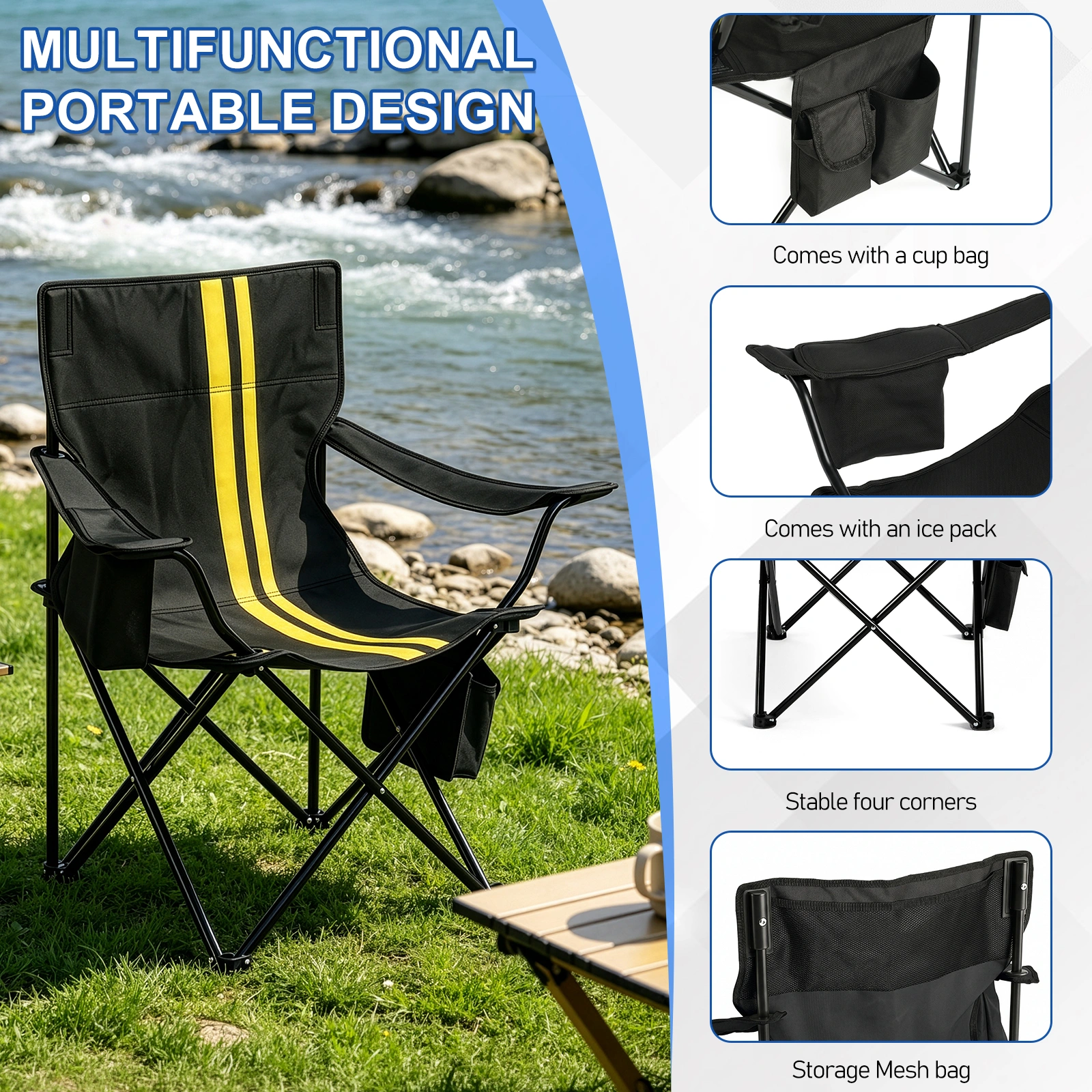 Folding Camping Chair with Cooler Bag, 350LBS Heavy Duty Portable Outdoor Chair w/ Cup Holder, Side Pocket & Carry Bag, 33.7x20.5x33.5 Inch, Black with Yellow Stripes, Beach Picnic Fishing view 7