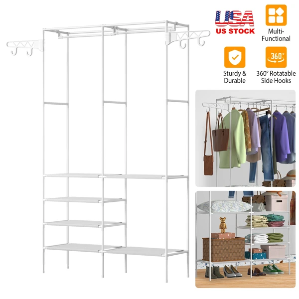 66.1x42.1x14.2in Perfect 4 layers of shelves Closet Organizing rack, weight capacity of the hanging rod and the fabric rack reaches up to 33lbs and 11lbs separately. view 2