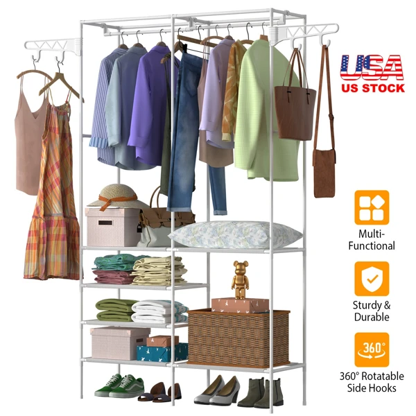 66.1x42.1x14.2in Perfect 4 layers of shelves Closet Organizing rack, weight capacity of the hanging rod and the fabric rack reaches up to 33lbs and 11lbs separately. view 4
