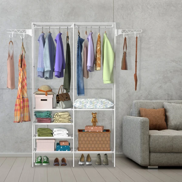 66.1x42.1x14.2in Perfect 4 layers of shelves Closet Organizing rack, weight capacity of the hanging rod and the fabric rack reaches up to 33lbs and 11lbs separately.