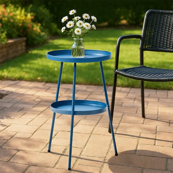 Patio Small Side Table, Round 2 Tier End Table, Metal Round Coffee Table for Indoor Outdoor, Navy Blue view 5
