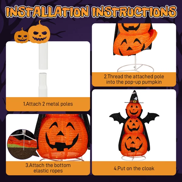 5ft Orange 3-Tier Retractable Fabric Pumpkin Halloween Light Decor with Cape & Wings, 130 Warm White LED String Lights, 4.5V 3.6W view 2