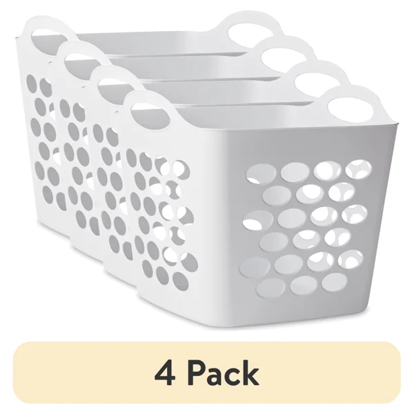(4 pack)Plastic Laundry Hamper, Flexible Square, Breathable with Handles, White