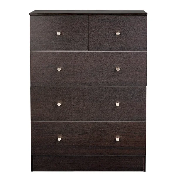 Brown particleboard with melamine laminate finish, 66*40*91cm, 3+2 drawers, chest of drawers with matte gold handles view 3
