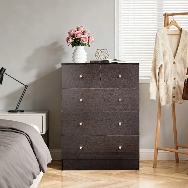 Brown particleboard with melamine laminate finish, 66*40*91cm, 3+2 drawers, chest of drawers with matte gold handles