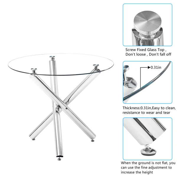 90*90*75cm Round Glass Dining Table Transparent Glass Table Leg Cross Design view 2