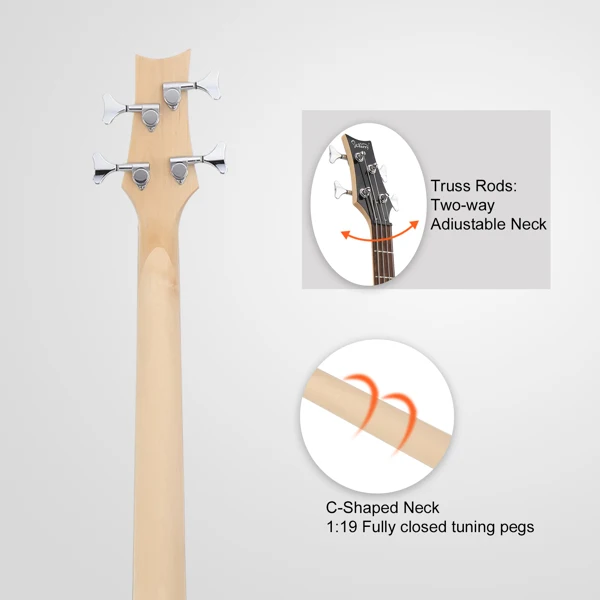44 Inch GIB 4 String H-H Pickup Laurel Wood Fingerboard Electric Bass Guitar with Bag and other Accessories Burlywood view 3