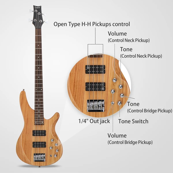44 Inch GIB 4 String H-H Pickup Laurel Wood Fingerboard Electric Bass Guitar with Bag and other Accessories Burlywood view 4