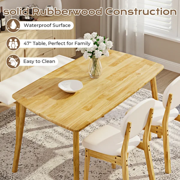 1 Table 2 Chairs 1 Bench Dining Set, Rubber Wood Frame with Beige Upholstered Seats, Natural Wood Finish Rectangular Kitchen Dining Furniture view 2