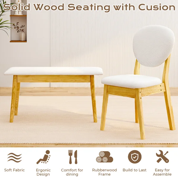 1 Table 2 Chairs 1 Bench Dining Set, Rubber Wood Frame with Beige Upholstered Seats, Natural Wood Finish Rectangular Kitchen Dining Furniture view 3