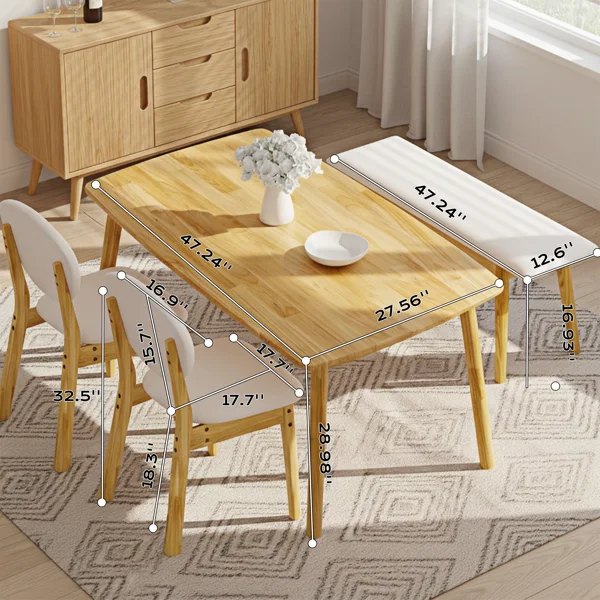 1 Table 2 Chairs 1 Bench Dining Set, Rubber Wood Frame with Beige Upholstered Seats, Natural Wood Finish Rectangular Kitchen Dining Furniture view 4