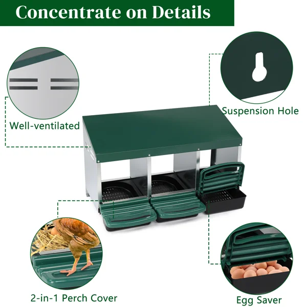 3 Compartment Roll Out Chicken Nesting Box with Plastic Basket, Egg Nest Box Chicken Laying Box Hens Chicken Coop Box, Green view 2
