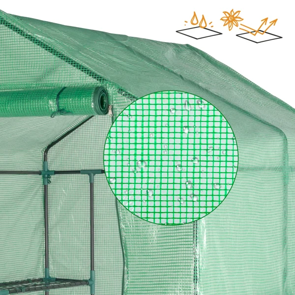 143x143x195cm Black Iron Pipe Steeple With 8 Pieces Grid Flower Stand With Zipper Rolling Door PE Cloth Greenhouse view 2