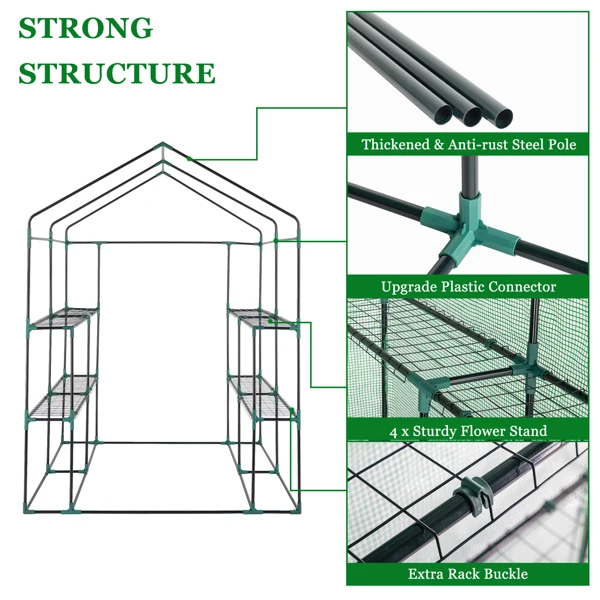 143x143x195cm Black Iron Pipe Steeple With 8 Pieces Grid Flower Stand With Zipper Rolling Door PE Cloth Greenhouse view 3