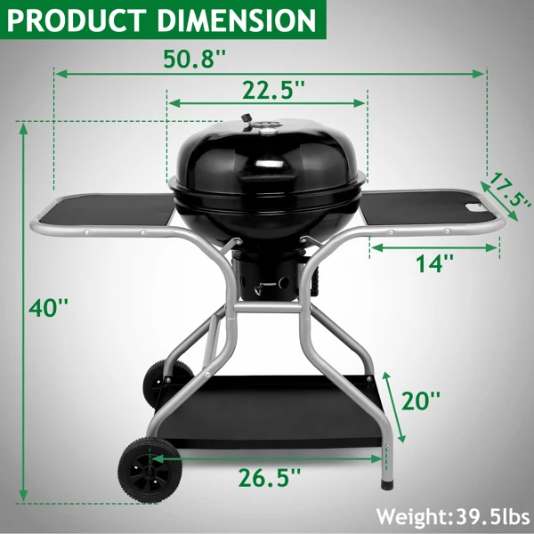 Kettle Charcoal Grill with 2 Side Tables, Storage Shelf, Upgraded Ash Catcher, Thermometer, Air Vents, Outdoor Cooking Barbecue Grill with Wheels view 3