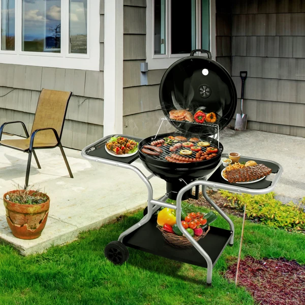 Kettle Charcoal Grill with 2 Side Tables, Storage Shelf, Upgraded Ash Catcher, Thermometer, Air Vents, Outdoor Cooking Barbecue Grill with Wheels view 4