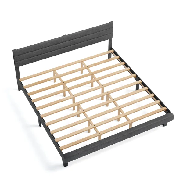 Dark Gray King Size Tufted Platform Bed Frame - Linen-Like Upholstery with Horizontal Stripe Headboard, Soft Padded Design view 6