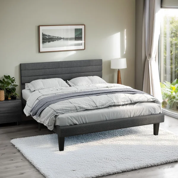 Dark Gray King Size Tufted Platform Bed Frame - Linen-Like Upholstery with Horizontal Stripe Headboard, Soft Padded Design
