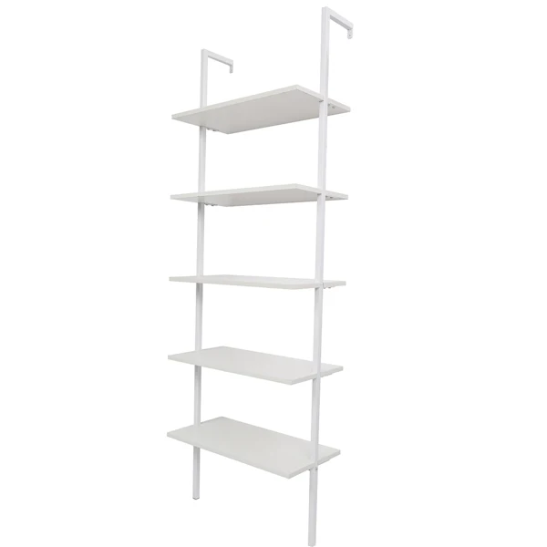 5-Shelf Wood Ladder Bookcase with Metal Frame, Industrial 5-Tier Modern Ladder Shelf Wood Shelves,White view 3