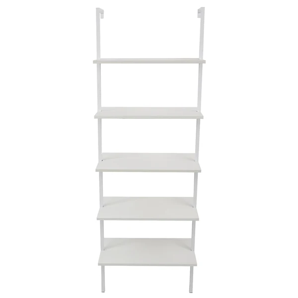 5-Shelf Wood Ladder Bookcase with Metal Frame, Industrial 5-Tier Modern Ladder Shelf Wood Shelves,White view 5