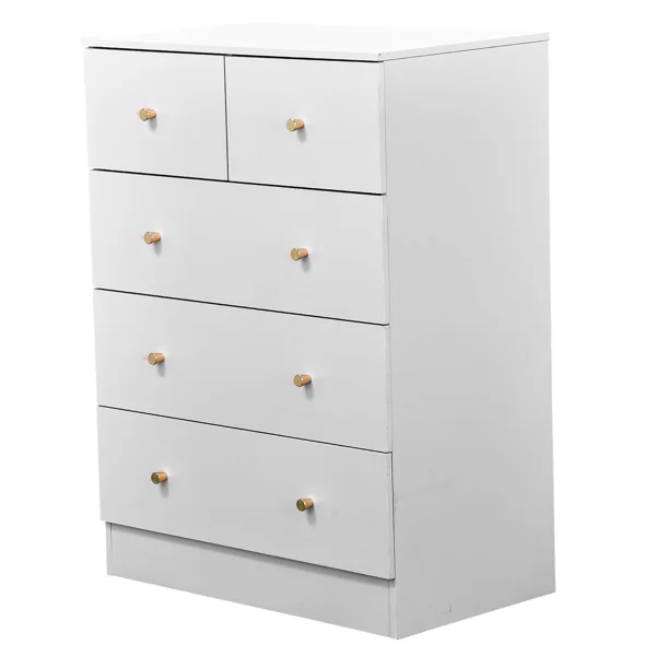 25.98"*15.75"*35.83"(L*W*H) 4-Tier 5-Drawer Cabinet Drawer Dresser with Gold Handles White view 4