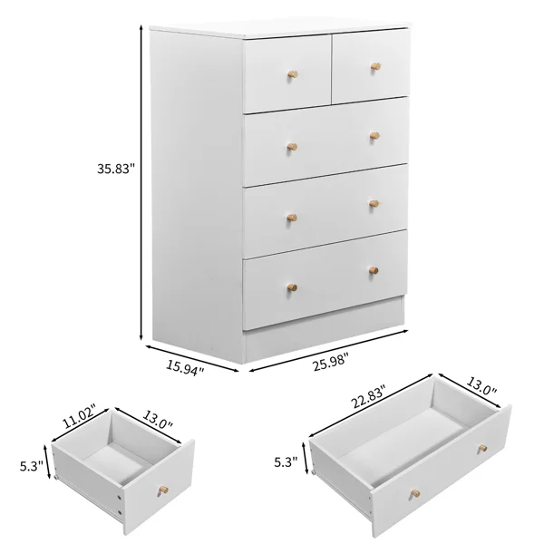 25.98"*15.75"*35.83"(L*W*H) 4-Tier 5-Drawer Cabinet Drawer Dresser with Gold Handles White view 5