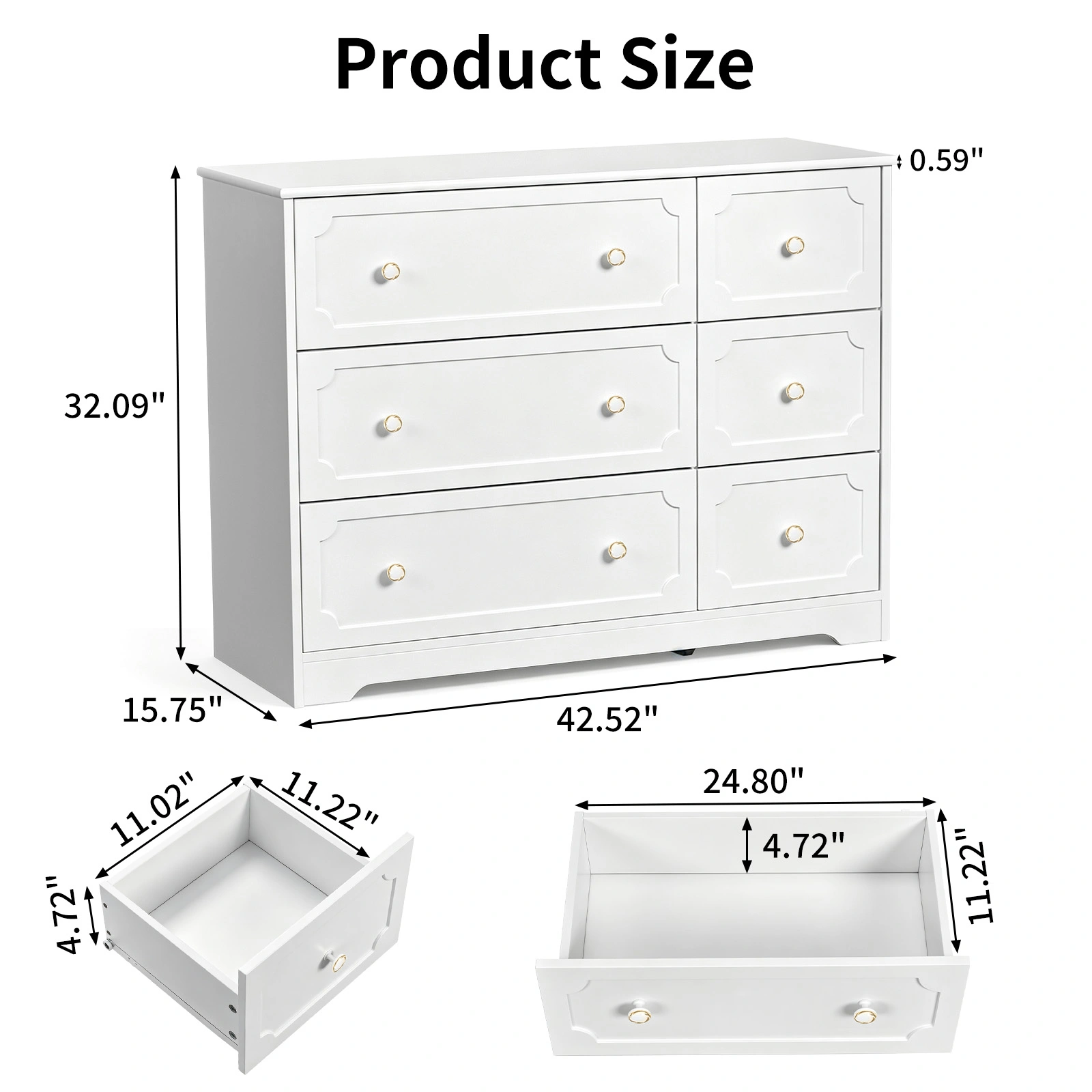 White 6-Drawer Storage Cabinet - 3 Large 3 Small Painted MDF Organizer, 42.5x15.8x32.3" for Bedroom Living Room view 5