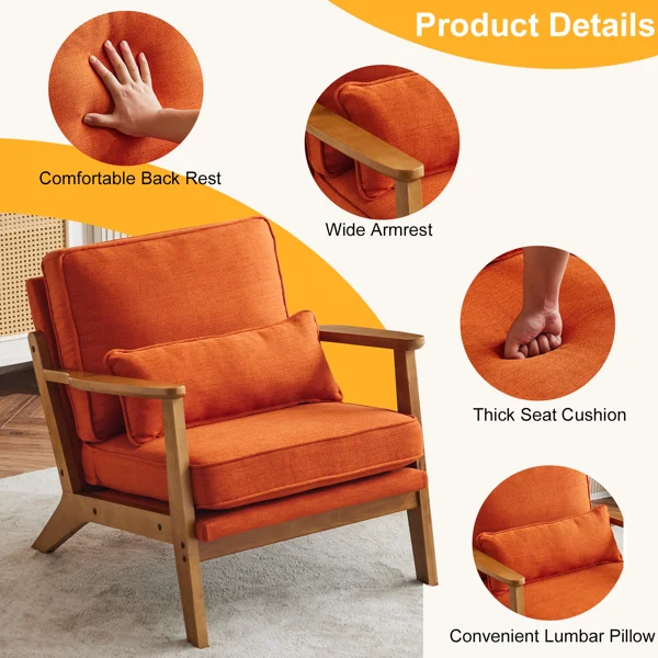 Mid-Century Modern Accent Chair with Wooden Frame - Oak Armrest, Linen-Cotton Burnt Orange Upholstery, Single Seater Lounge Chair for Living Room (Weight Capacity 330LBS) view 3