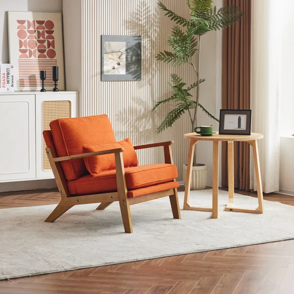 Mid-Century Modern Accent Chair with Wooden Frame - Oak Armrest, Linen-Cotton Burnt Orange Upholstery, Single Seater Lounge Chair for Living Room (Weight Capacity 330LBS) view 4